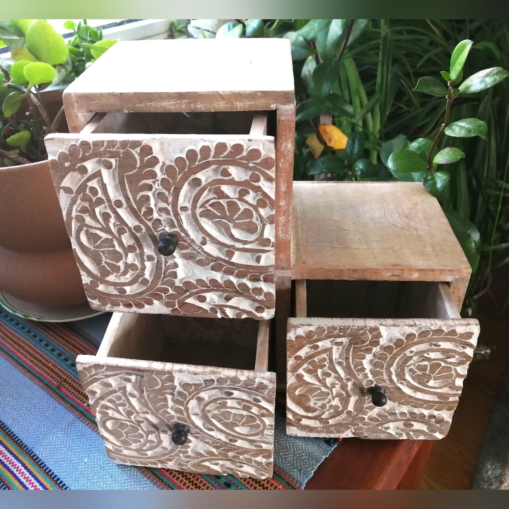 Handcrafted Artisan Storage Wood Tea Box With Drawers Shelf Decor Made In India
